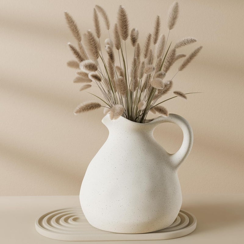 Zormon White Ceramic Pitcher Vase with Handle, Modern Farmhouse Jug Flower Vase for Home Decor, Centerpieces for Table, Living Room, Bedroom, Rustic Boho Decoration - Image 1